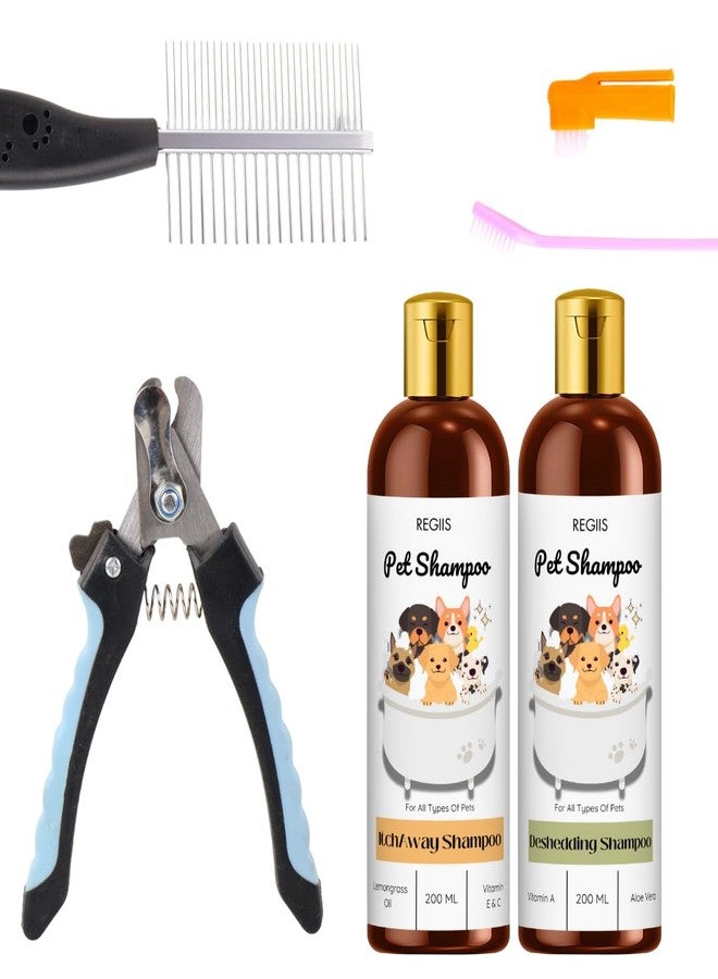 REGIIS Pet Grooming Kit, Dog Shampoo Set with Nail Clipper, Comb, Deshedding Tool, Includes Itch Away and Deshedding Shampoos, 200ml (5 PACK) - Image 1